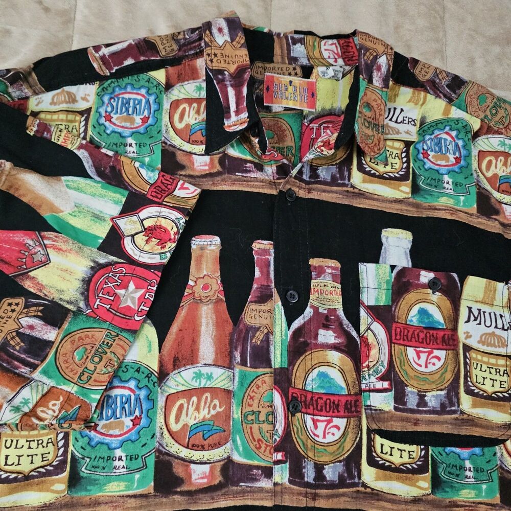 Vintage Sergio Valente Beer Bottle Camp Shirt Mens XL Novelty Hawaiian Party